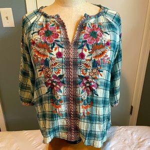 Johnny Was 3/4 sleeve embroidered plaid, Medium